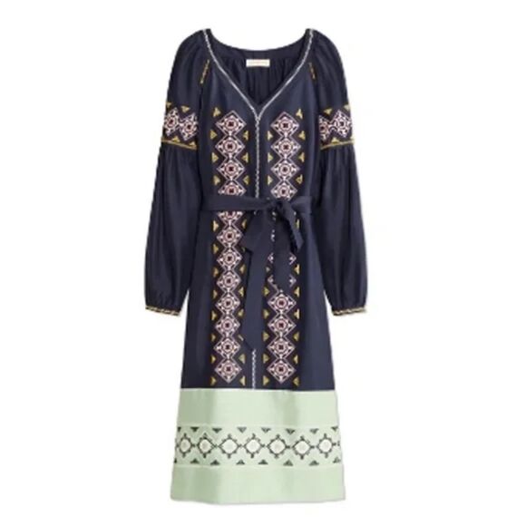 $450 NWT Tory Burch Katya Navy Green Embroidered Tunic Style Midi Dress Size 0 - Picture 1 of 8